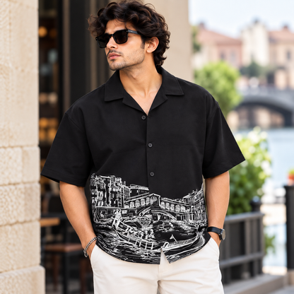 Cuban Collar Oversize Drop Shoulder Polo Designer printed Shirts buy @249[Black]