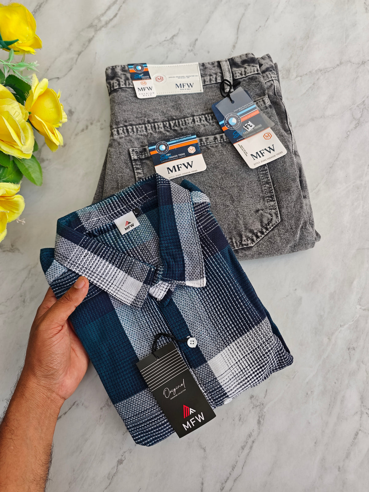 2 in 1 combo MFW checked shirts + mom fit jeans pant buy @600 rs only