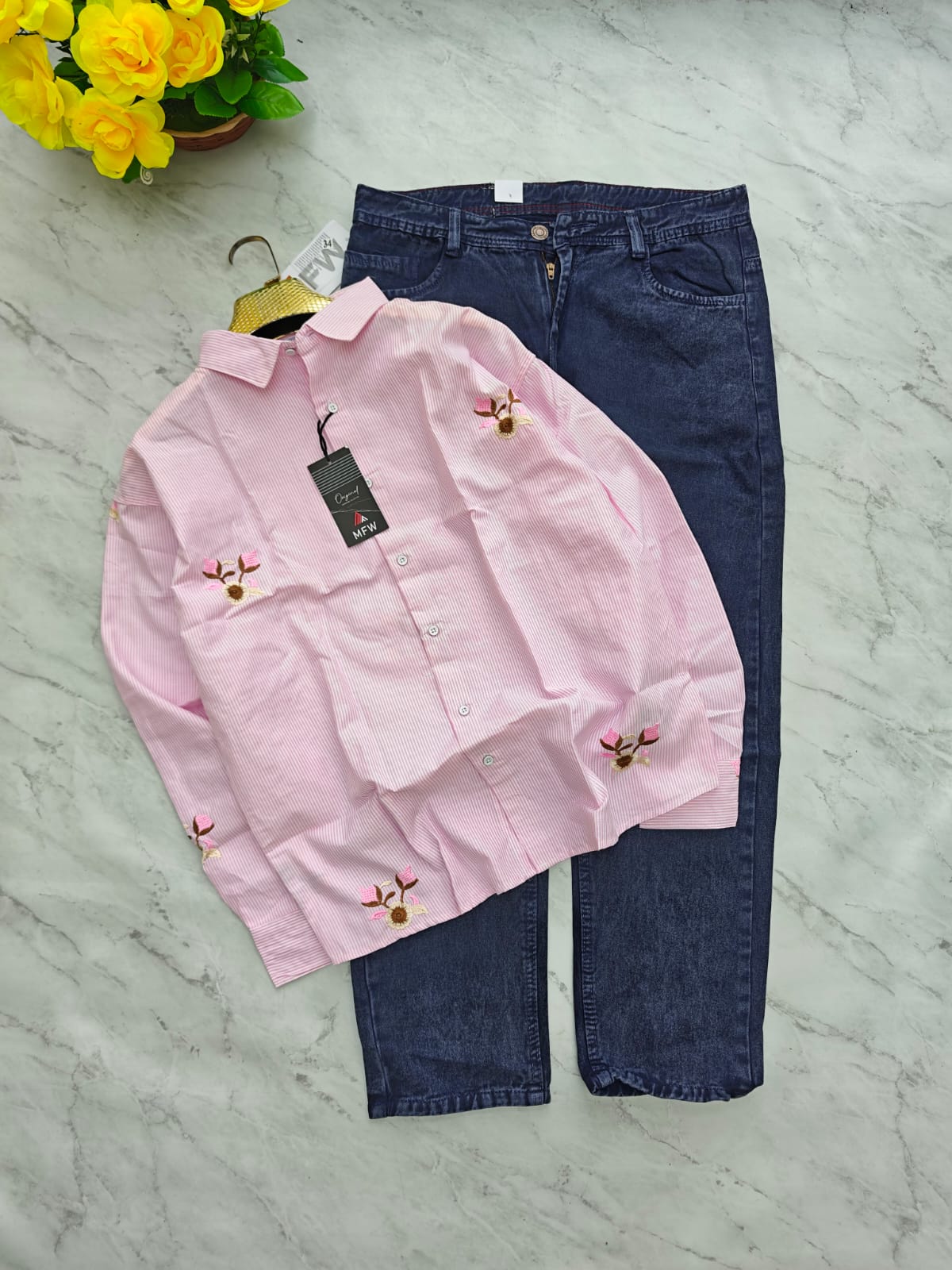 2 in 1 combo Oxford embroidery work shirts + mom fit jeans pant buy @600 rs only