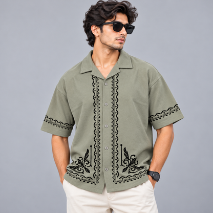 Cuban Collar Oversize Drop Shoulder Polo Designer printed Shirts buy @249[Green]