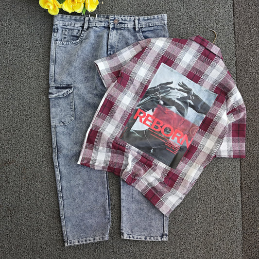 2 in 1 combo MFW double pocket Cuban collar back print shirts + 6 mom fit jeans buy @550 rs only
