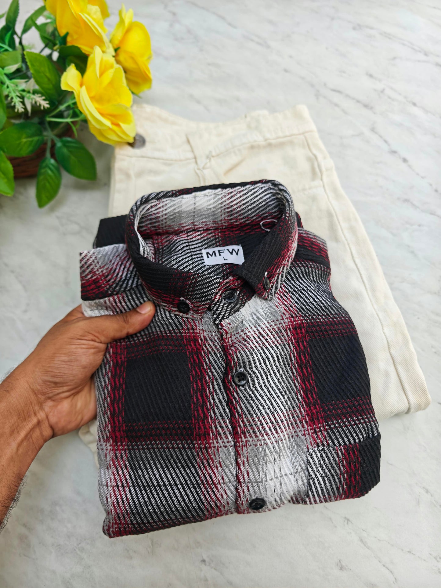 2 in 1 Combo | MFW Korean Weaving Shirt + Plain Mom Fit Jeans @ ₹600 | Buy Online
