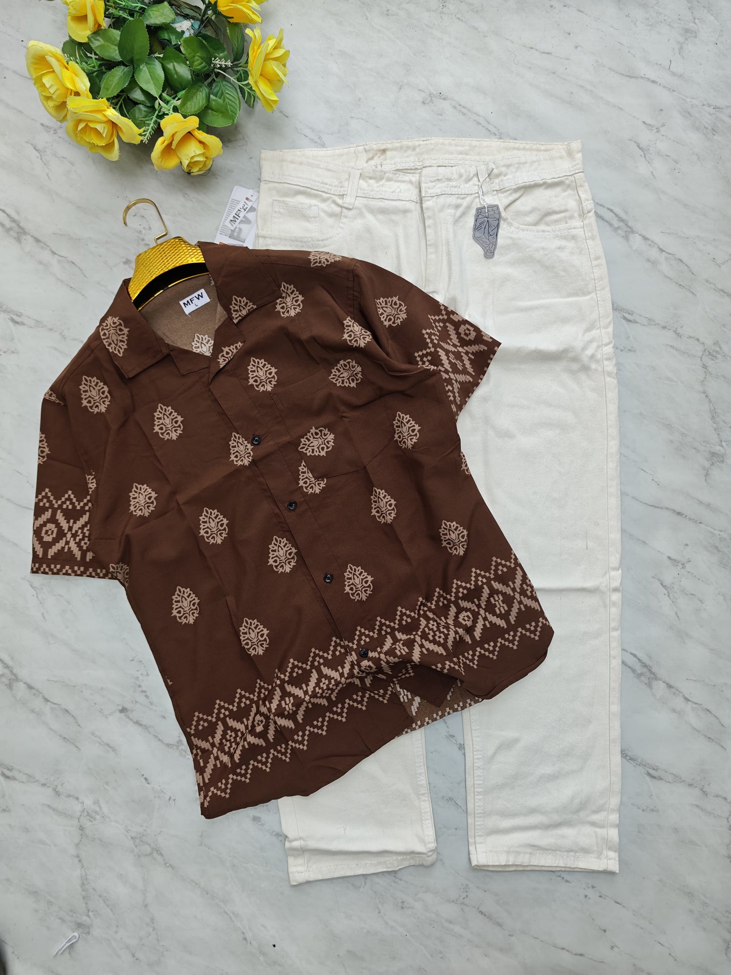 2-in-1 Combo | Cuban Collar Viscose Printed Shirt + Plain Mom Fit Jeans | ₹550 Online