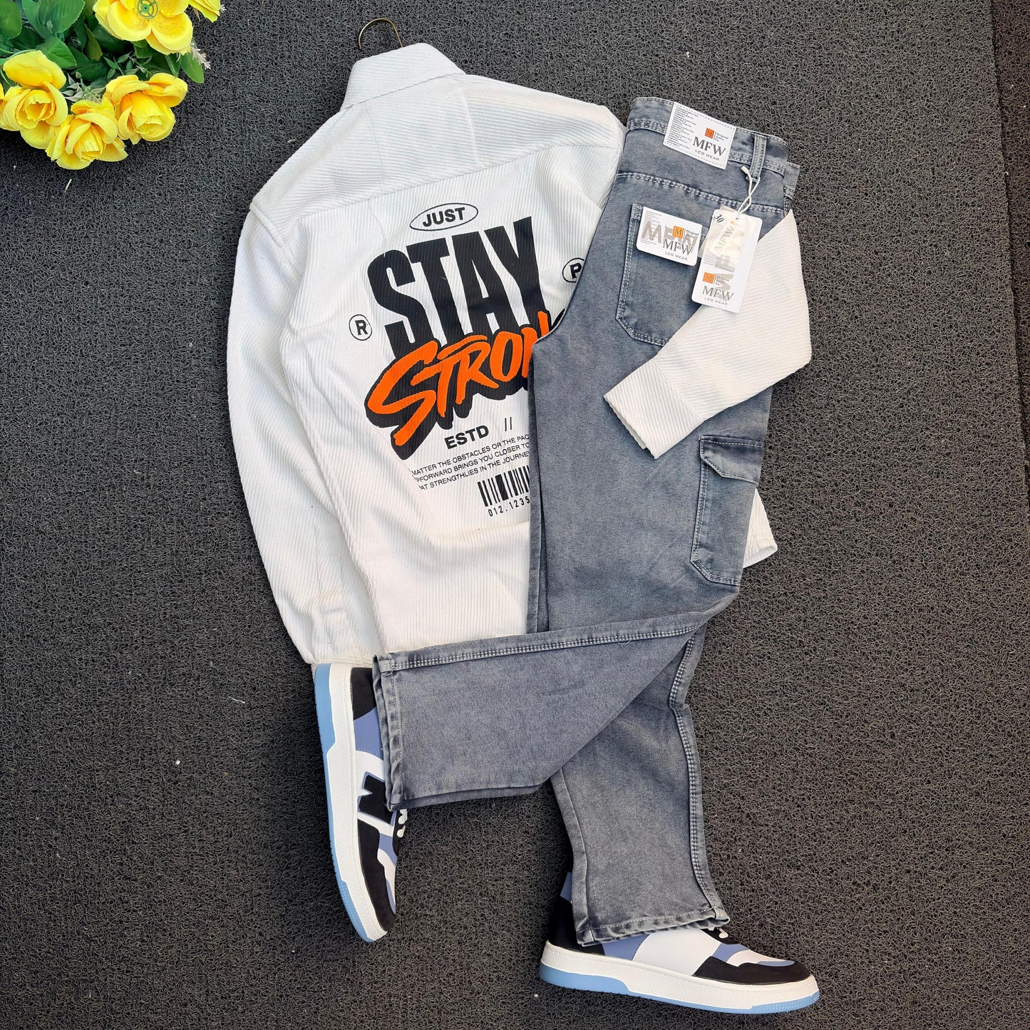 3 in 1 combo back print shirts + 6 pocket mom fit jeans + shoe combo buy @999 rs only