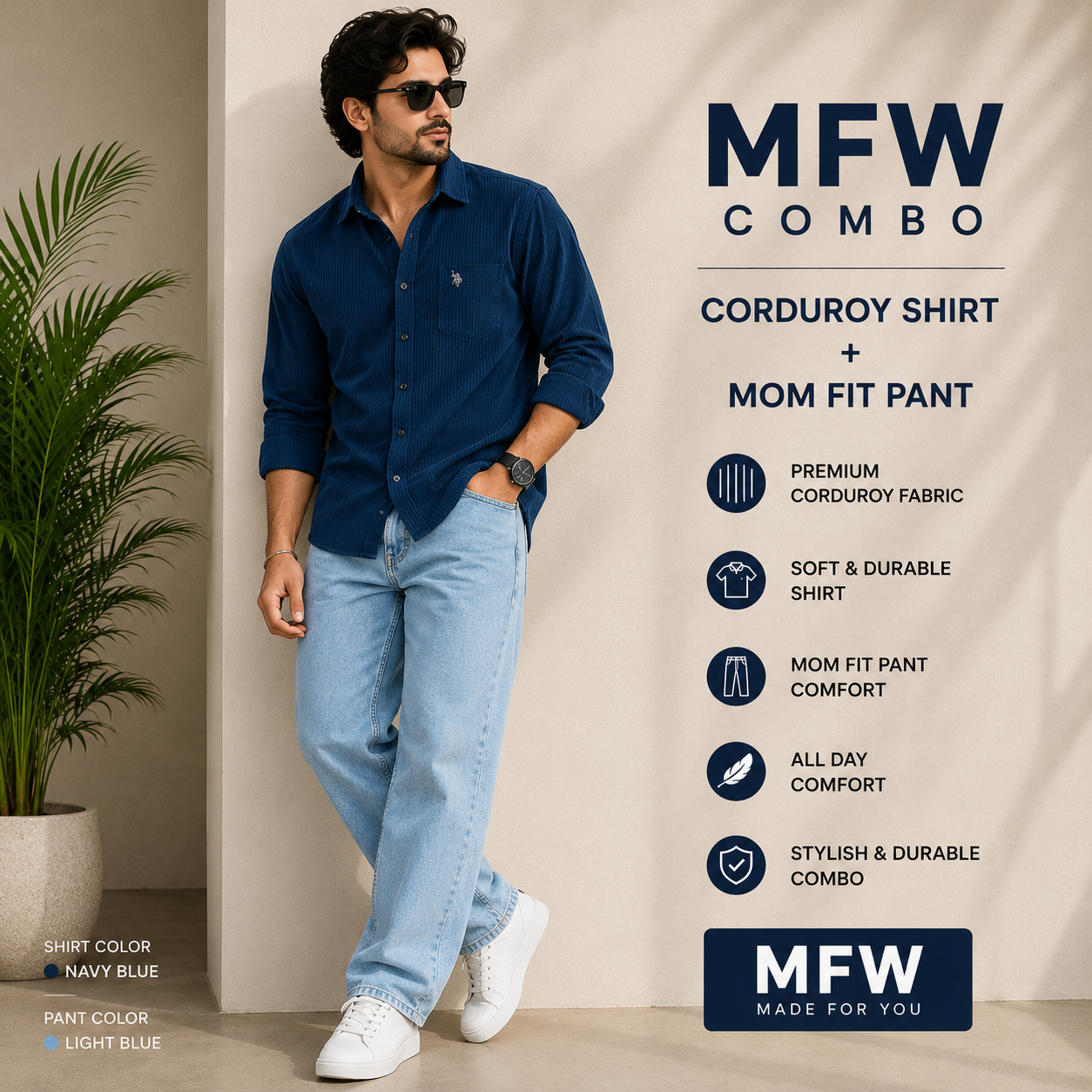 2 in 1 combo codroudy shirts + mom for pant buy @600 rs only[Ice blue pant color ]