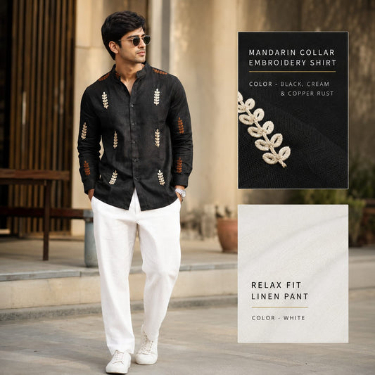 2 in 1 combo mandarin collar embroidery shirts+Lenin relax fit pants combo buy @600 rs only (D1)