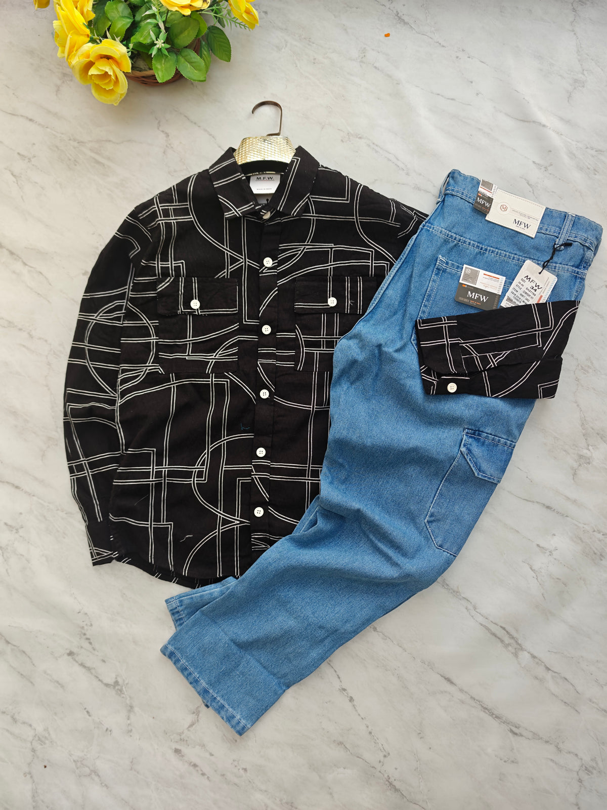 2 in 1 Combo MFW double pocket shirts + 6 pocket mom fit jeans pant buy @600 rs(Light blue pant)