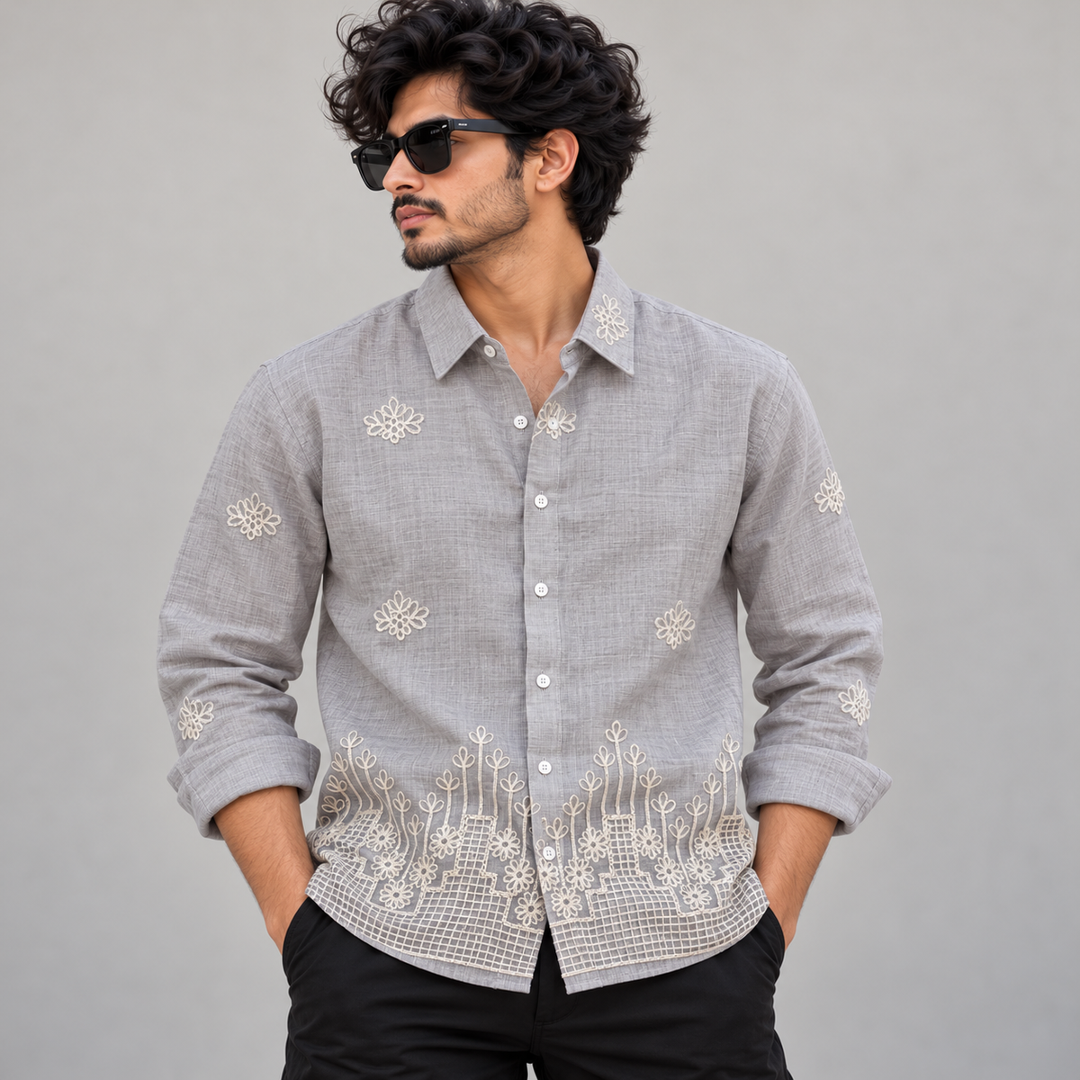 Men's Full sleeve lenin  Bottom Embroidery Shirts single pcs @350 and Buy 3 pc combo @999