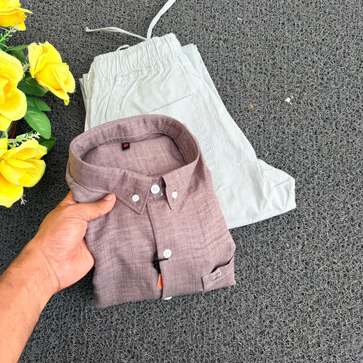 2 in 1 combo Old money lenin shirts + Lenin pants combo buy @600 only(dusty chocolate brown (soft muted tone) + pale silver grey)