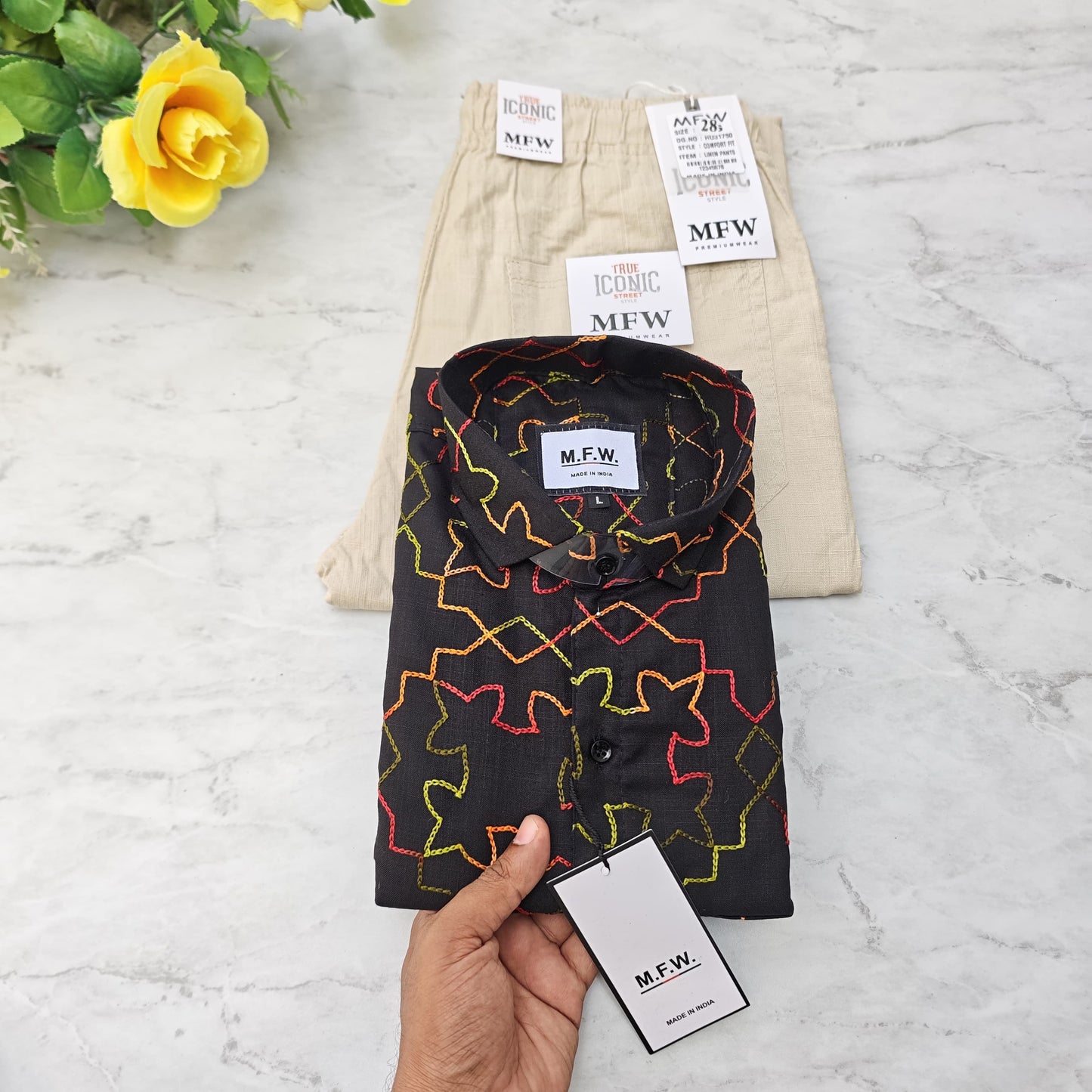 2 in 1 combo MFW embroidery shirts + lenin relax fit pants combo buy @600 rs only