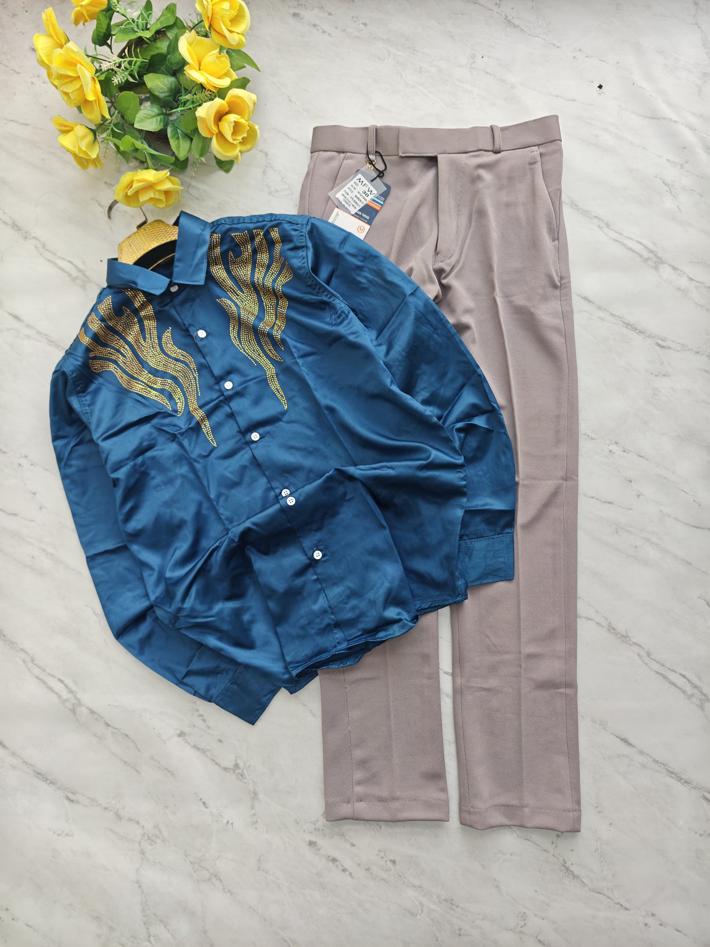 2 in 1 combo Party wear Stone work shirts + peanut fabric polofit pant buy @600 rs only