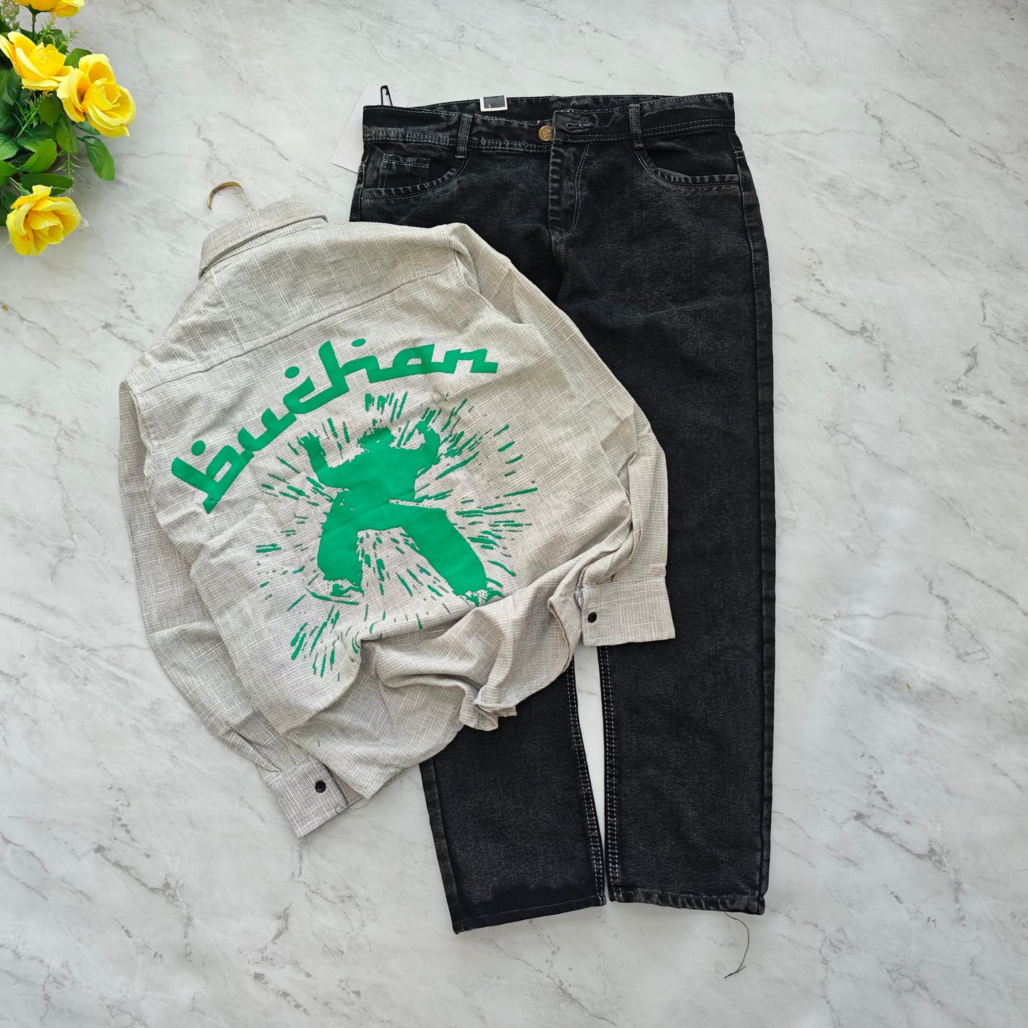 2 in 1 combo double pocket back printed shirts + plain mom fit jeans pant combo buy 550 rs only