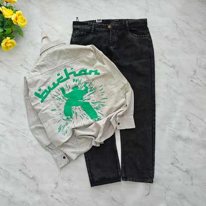 2 in 1 combo double pocket back printed shirts + plain mom fit jeans pant combo buy 550 rs only