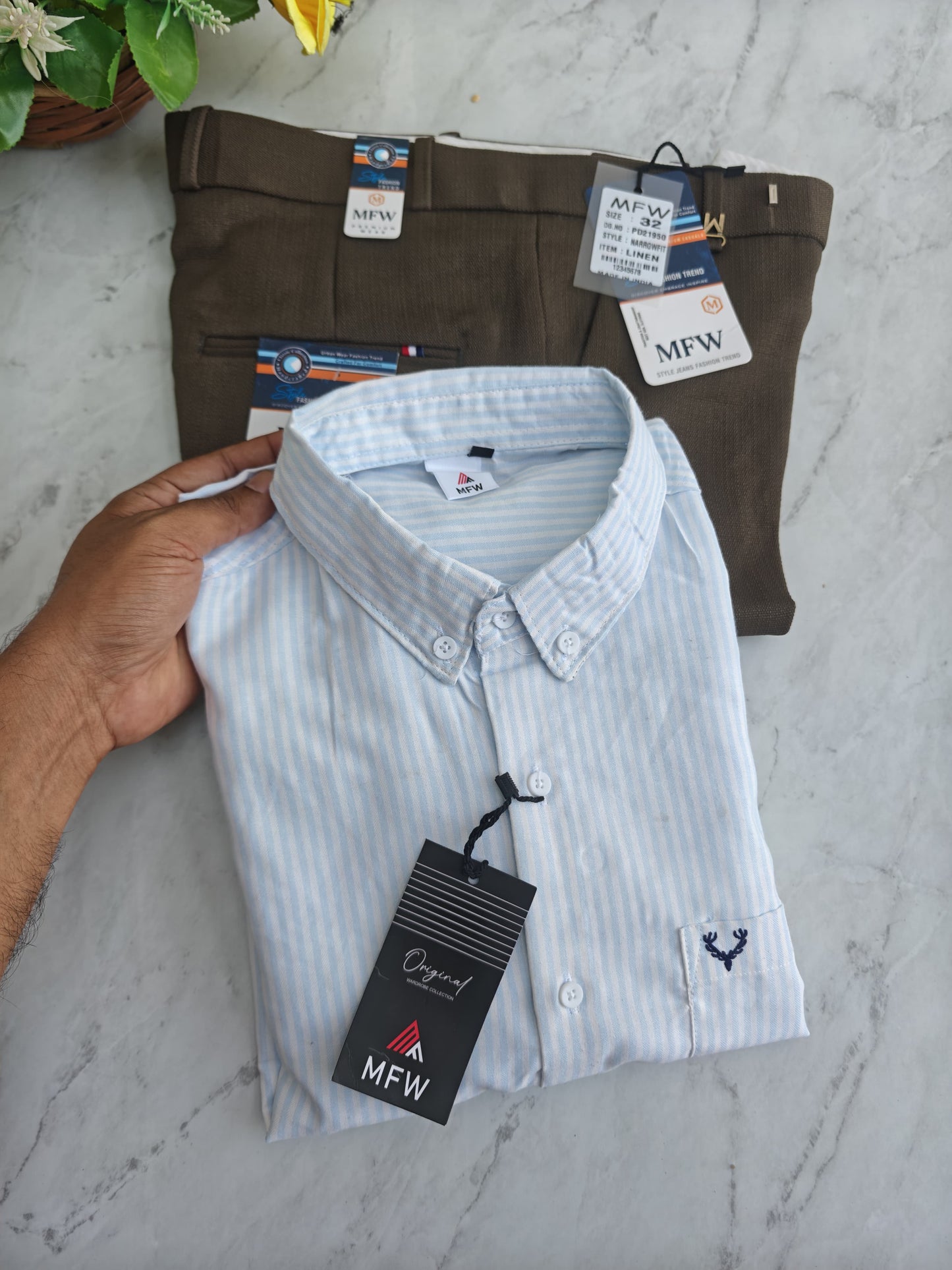 2 in 1 combo MFW Boxy fit Oxford stripes shirts + Lenin polo fit pant combo buy @600 rs only