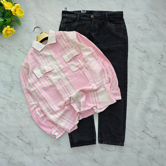 2 in 1 combo double pocket back printed shirts + plain mom fit jeans pant combo buy 550 rs only