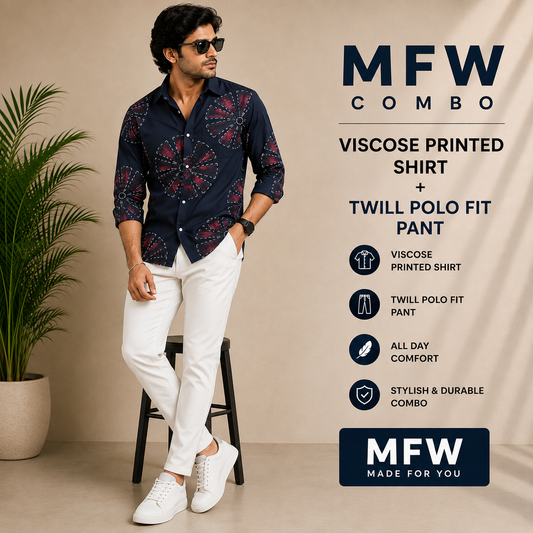 2 in 1 combo MFW viscose printed shirts + Twill fabric polo fit pant buy @600 rs only