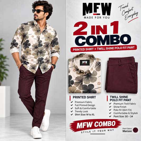 2 in 1 Combo viscose printed shirts + Twill polo fit pant buy @600 rs only [maroon]