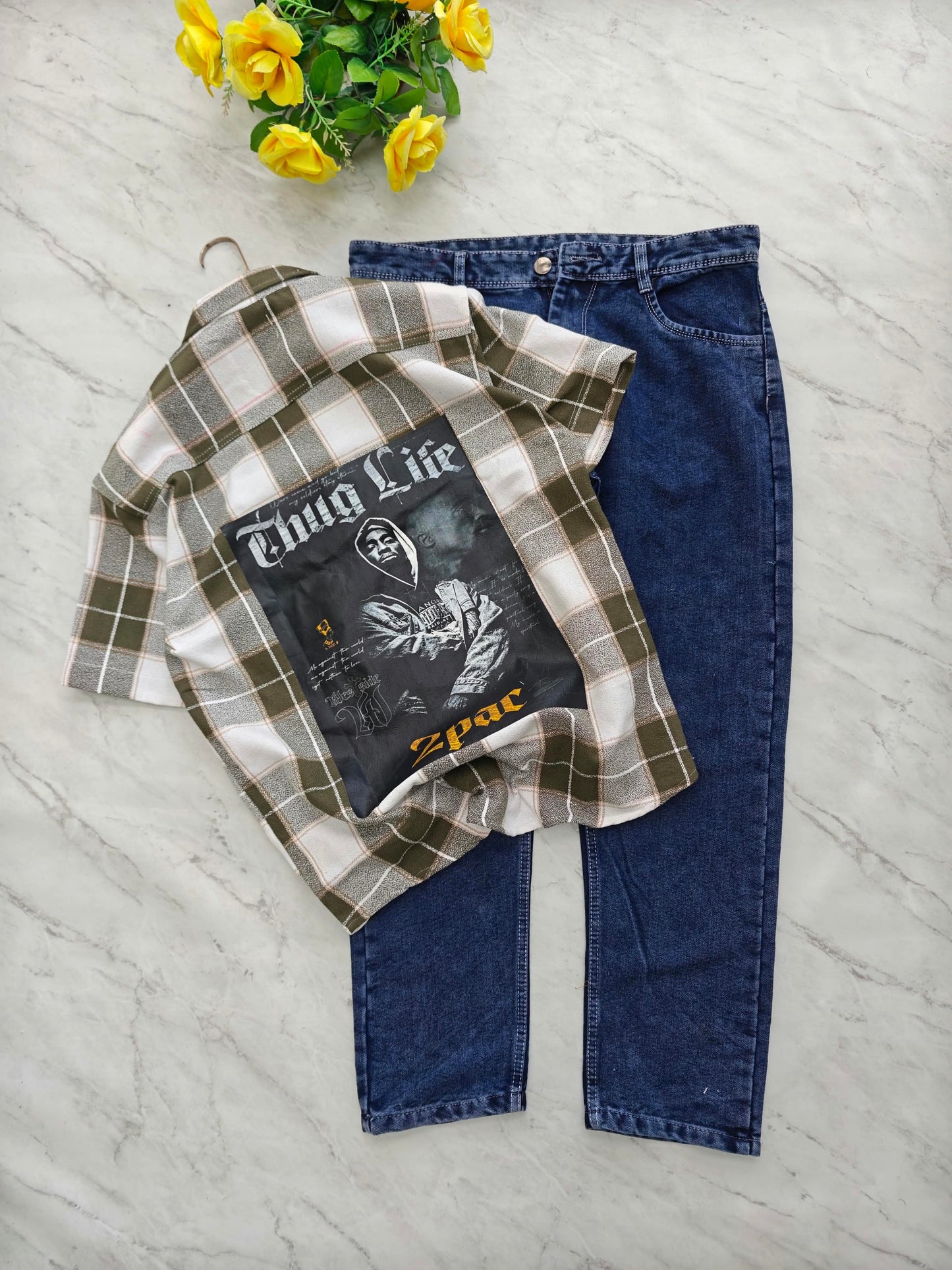 2 in 1 combo Cuban collar back print shirts + plain mom fit jeans pant combo buy @550