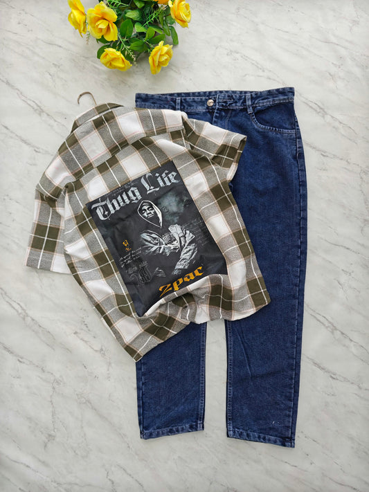 2 in 1 combo Cuban collar back print shirts + plain mom fit jeans pant combo buy @550