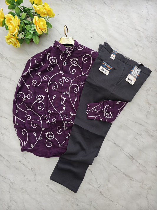 2 in 1 combo embroidery work shirts + lenin polo fit pants buy @600 rs only[ pant color Grey ]