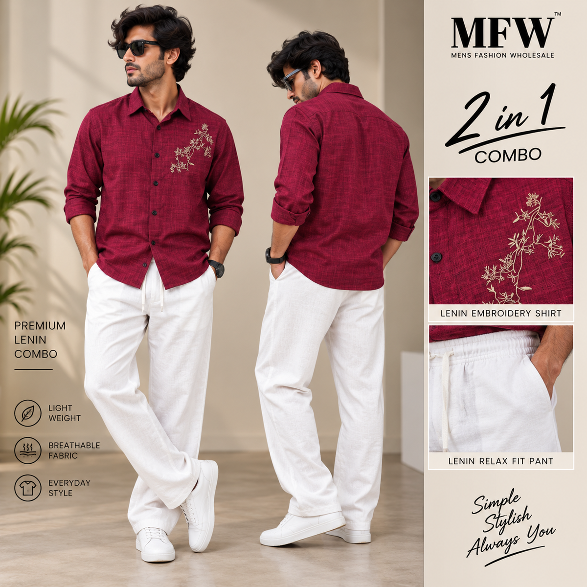 2 in 1 combo Lenin embroidery Work shirts + Lenin relax fit pant buy@600 rs only