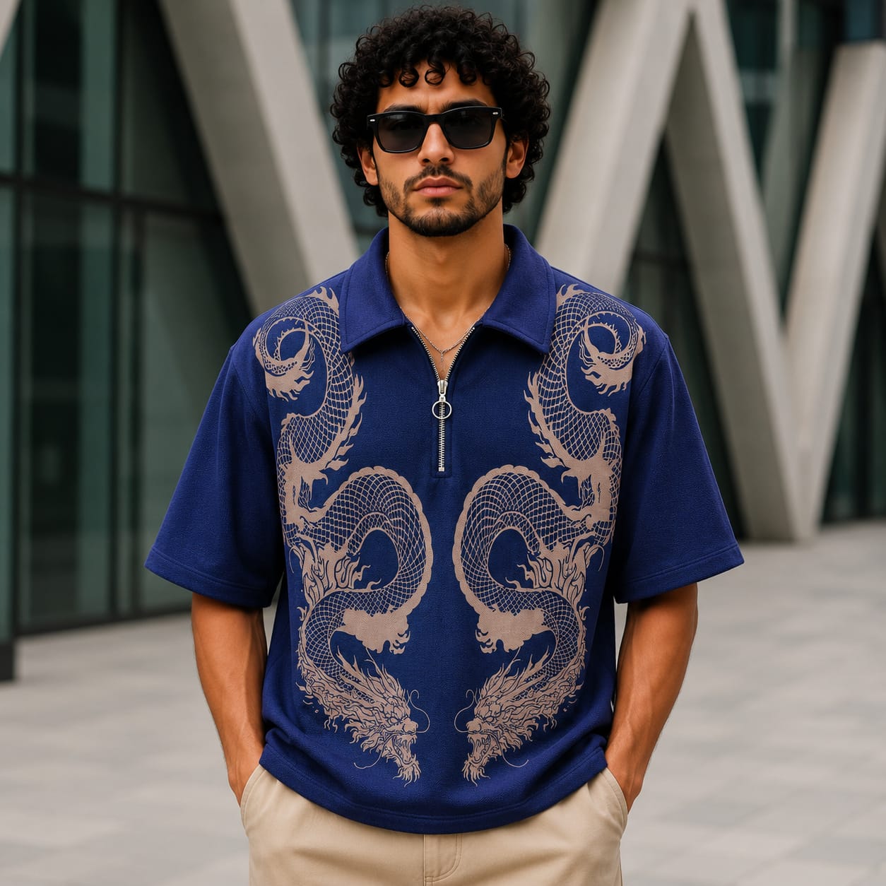 Old money Korean drop shoulder dragon design zipper tshirt buy @250 rs only