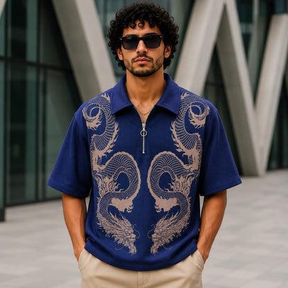Old money Korean drop shoulder dragon design zipper tshirt buy @250 rs only