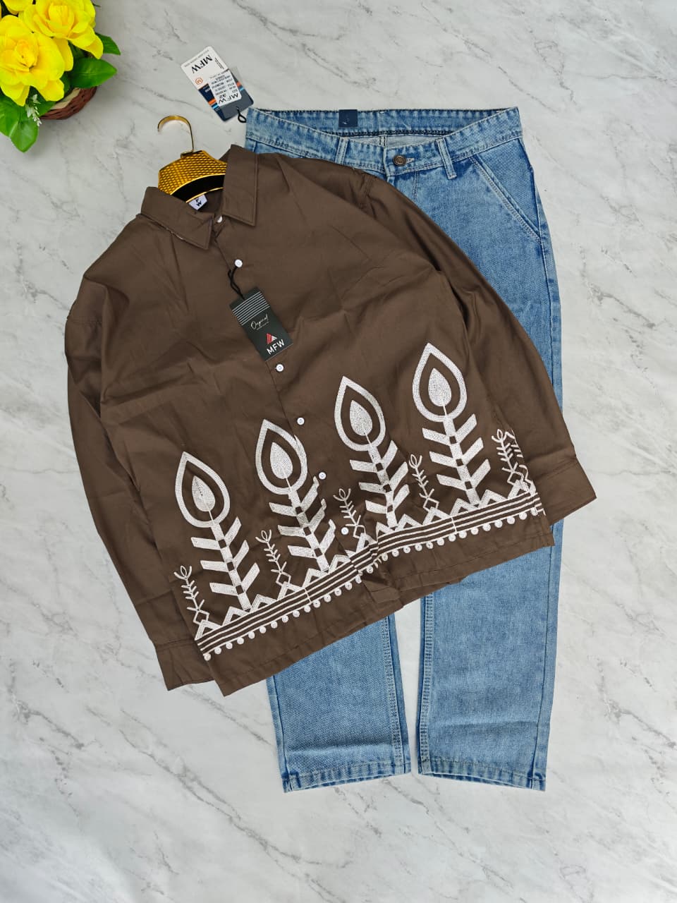 2 in 1 combo MFW border embroidery shirts + mom fit jeans pant buy @600 rs only