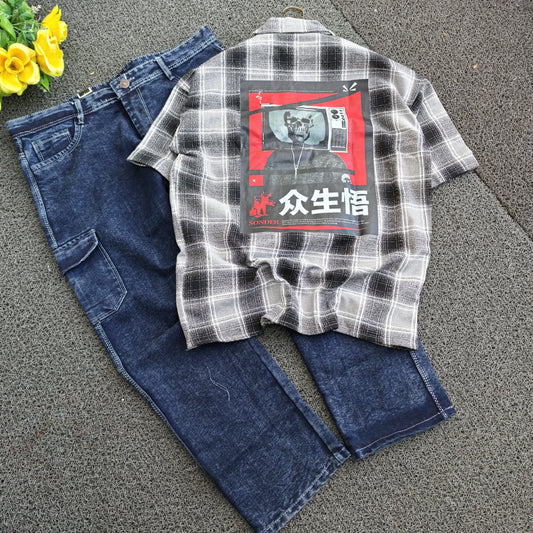 2 in 1 combo MFW double pocket Cuban collar back print shirts + 6 mom fit jeans buy @550 rs only