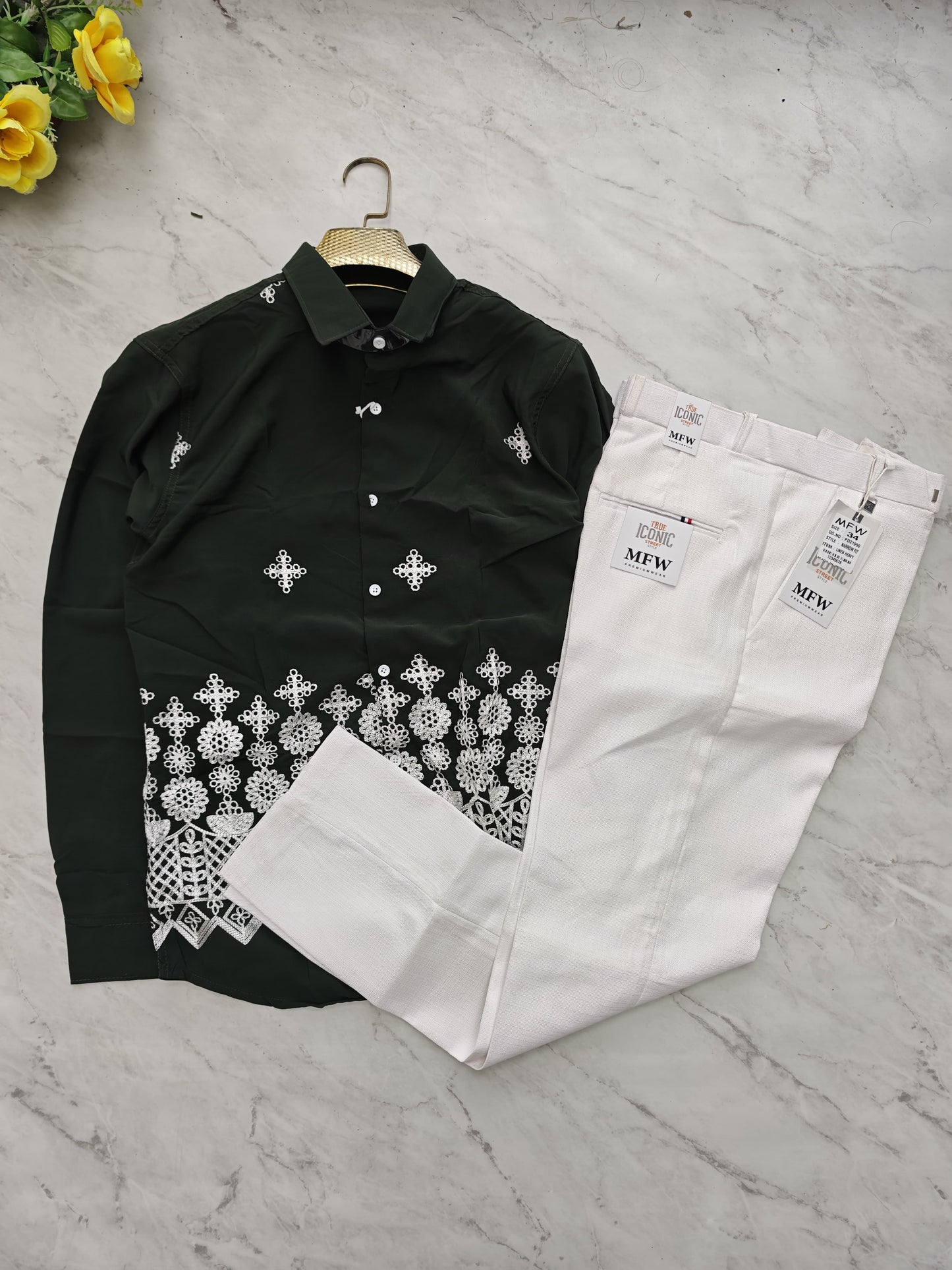 2 in 1 combo MFW Embroidery printed shirts + MFW lenin polo fit pant combo buy @600 rs only