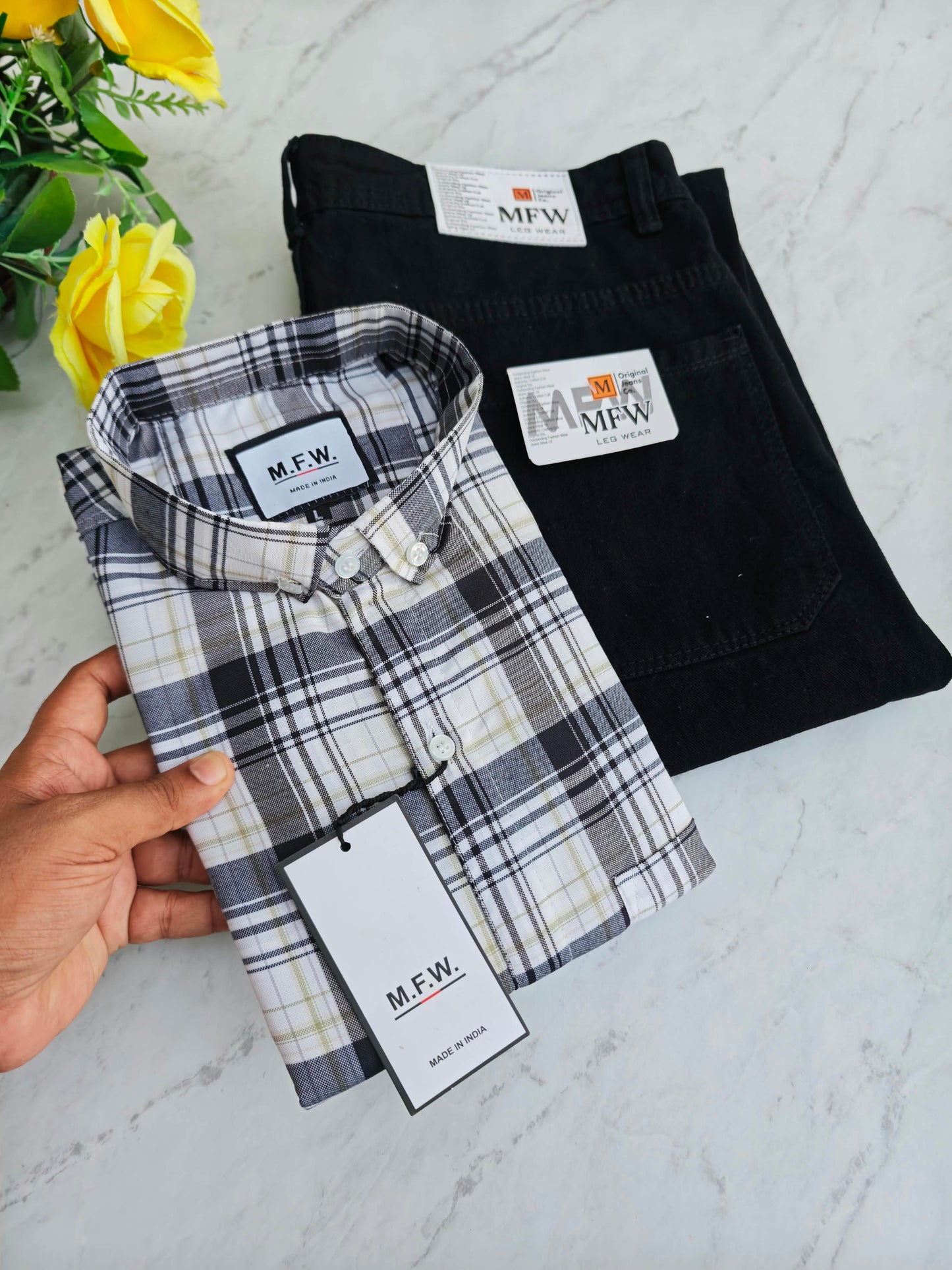 2 in 1 combo MFW checked shirts + plain mom fit jeans pant combo buy@600 rs only