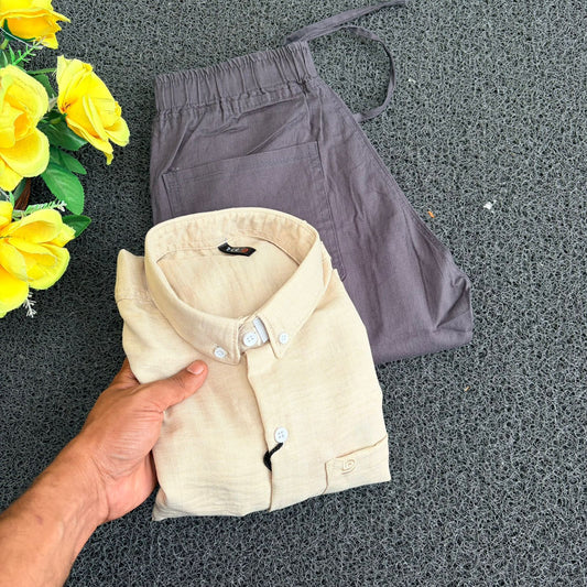 2 in 1 combo Old money lenin shirts + Lenin pants combo buy @600 only(Sandel + Dark grey)