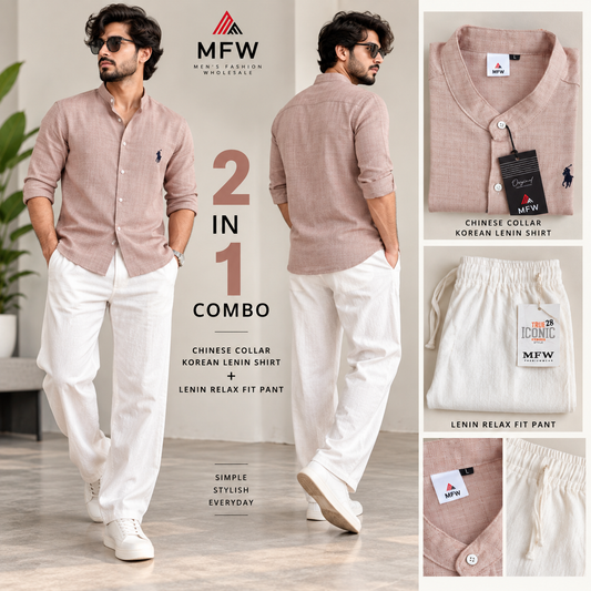 2 in 1 combo Chinese collar Korean lenin shirts + lenin relax fit pants buy @600 rs only