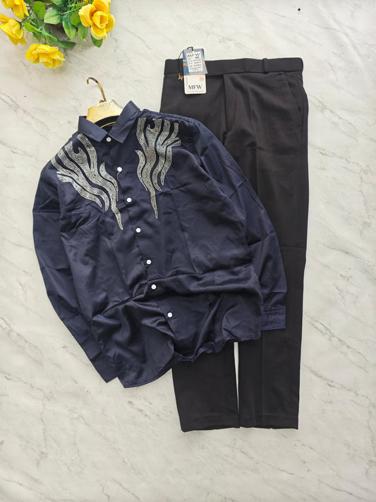 2 in 1 combo Party wear Stone work shirts + peanut fabric polofit pant buy @600 rs only
