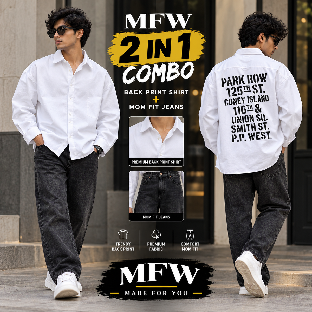 2 in 1 combo MFW Back printed shirts + mom fit jeans pant buy @600 rs only