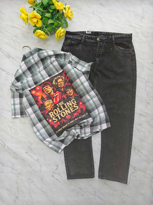 2 in 1 combo Cuban collar back print shirts + plain mom fit jeans pant combo buy @550