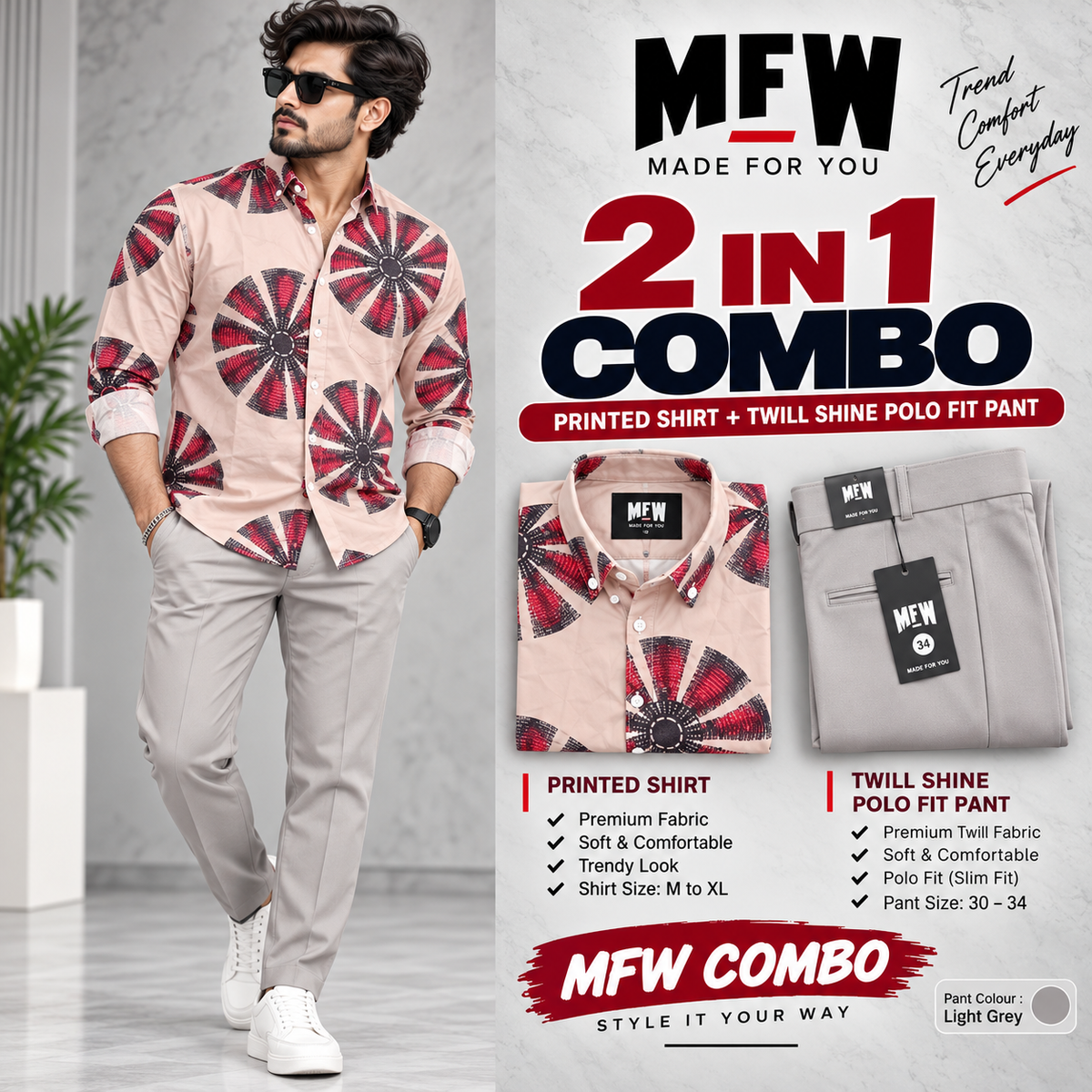 2 in 1 Combo viscose printed shirts + Twill polo fit pant buy @600 rs only