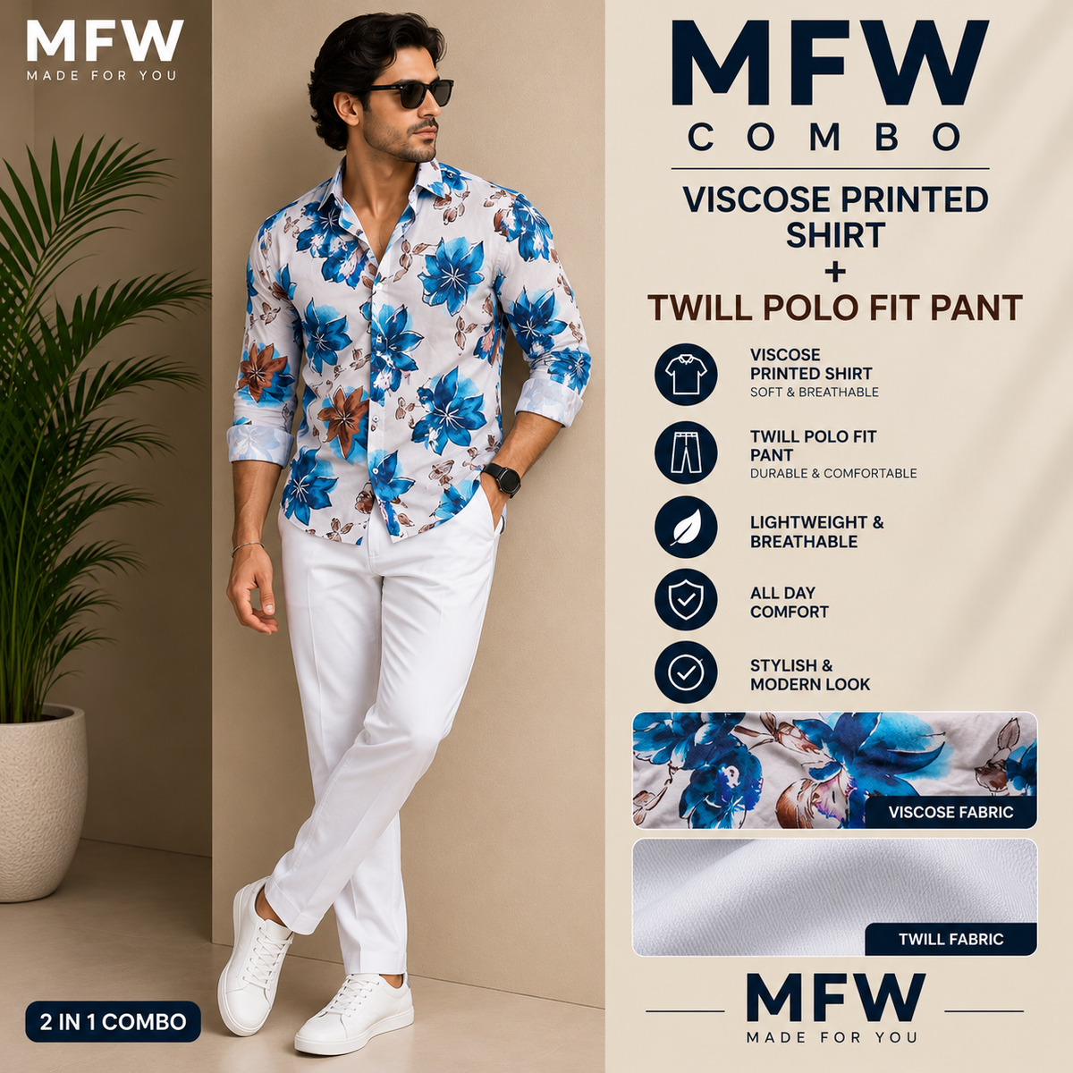 2 in 1 combo MFW viscose printed shirts + Twill fabric polo fit pant buy @600 rs only