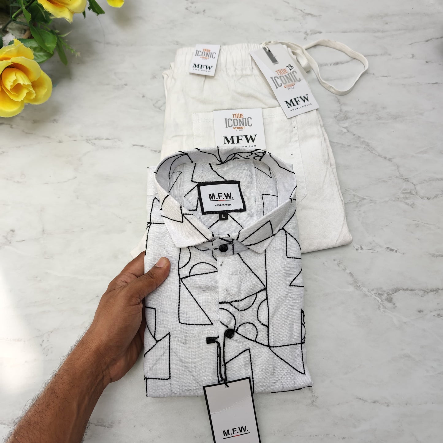 2 in 1 combo MFW embroidery shirts + lenin relax fit pants combo buy @600 rs only