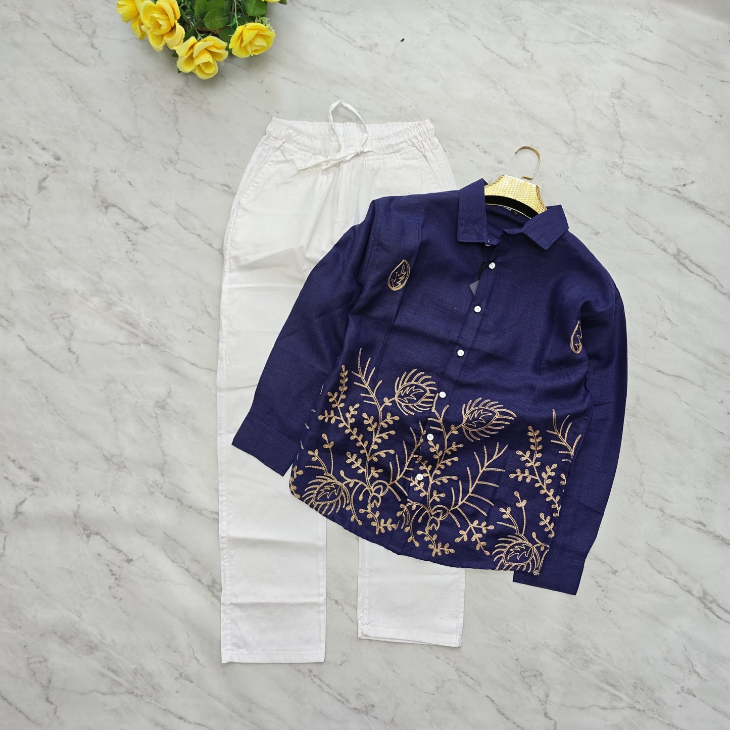 2 in 1 combo Lenin bottom embroidery shirts+ Lenin relax fit pants combo buy @600 rs only
