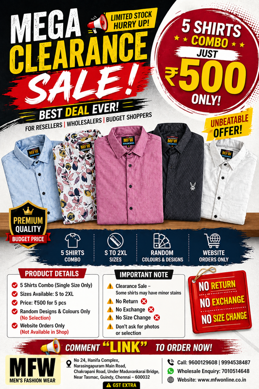 Mega Clearance Sale – Men’s Shirts Combo Deal Grab this unbeatable offer – 5 Shirts Combo @ Just ₹499 Only!
