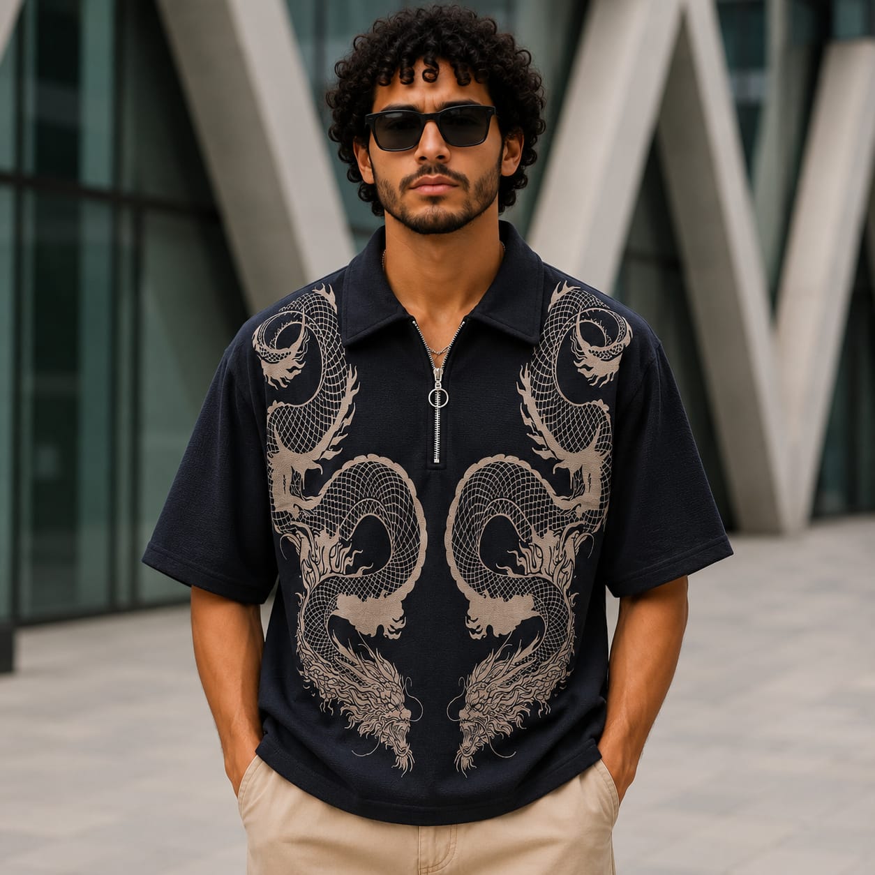 Old money Korean drop shoulder dragon design zipper tshirt buy @250 rs only