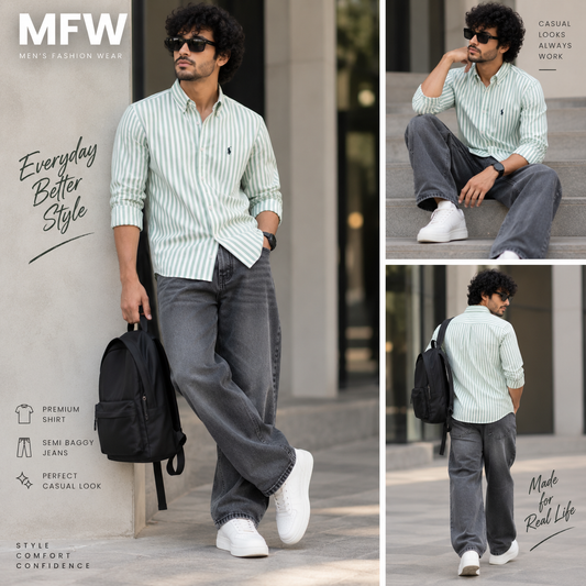 2 in 1 combo MFW stripes shirts + Semi baggy jeans pant buy @600 rs only
