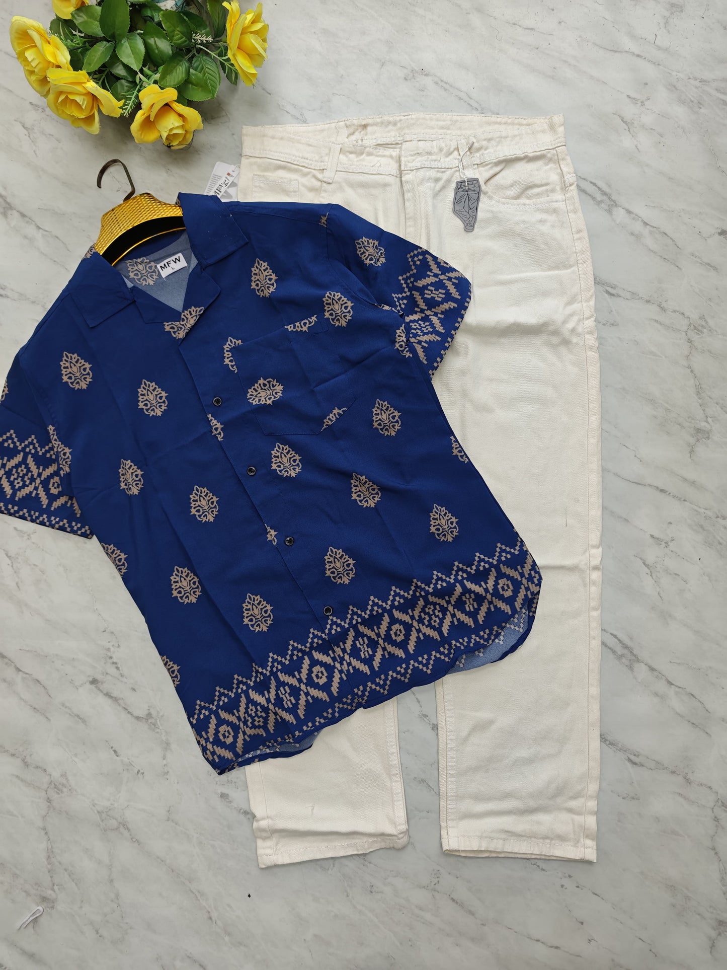 2-in-1 Combo | Cuban Collar Viscose Printed Shirt + Plain Mom Fit Jeans | ₹550 Online