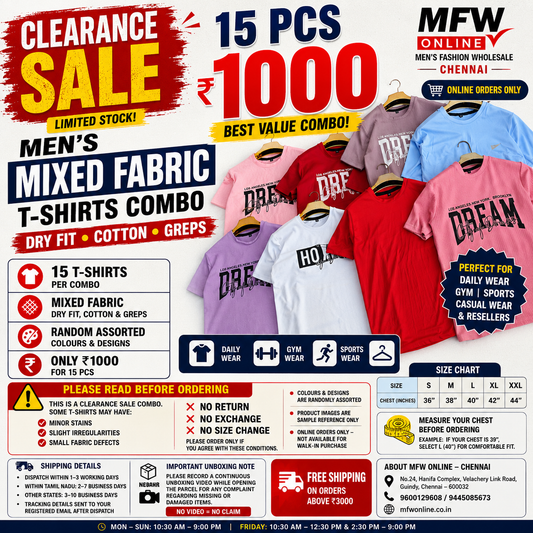 Men's Dry Fit T-Shirts Combo – 15 Pcs @ ₹1000 | MFW (Clearance sale)