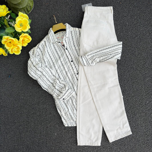 2 in 1 Combo zig zag netted fabric shirts+ plain mom fit jeans buy @600