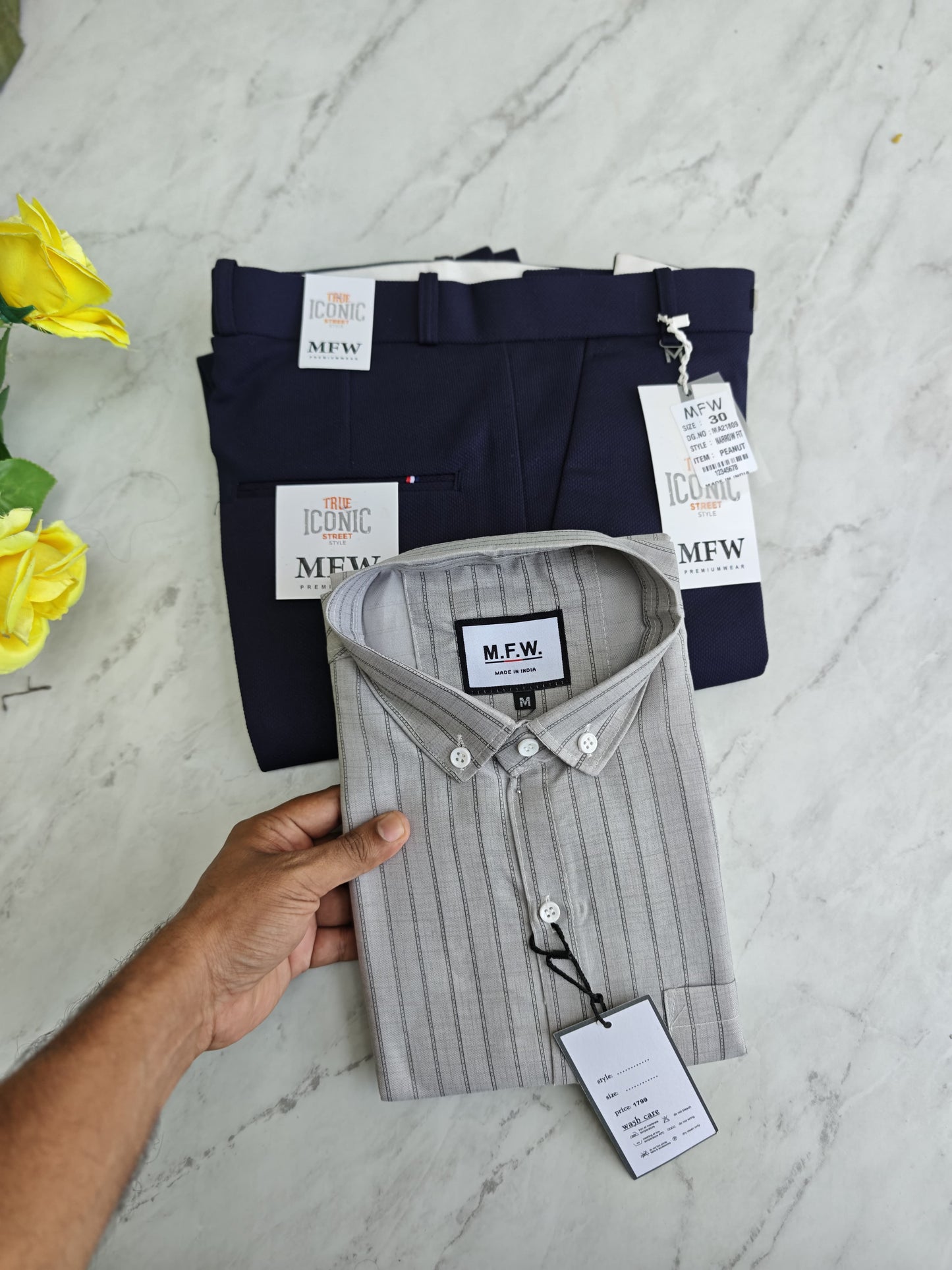 2 in 1 combo MFW oxford stripes shirts + penut fabric polo fit pants combo buy @550 rs only( pant color Navy)