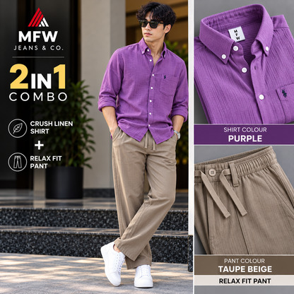 2 in 1 combo old money type crush lenin shirts + relax fit pant buy @600 rs only