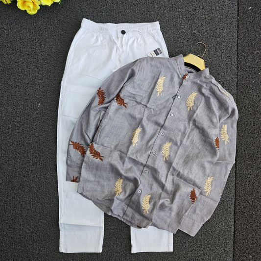 2 in 1 combo mandarin collar embroidery shirts+Lenin relax fit pants combo buy @600 rs only