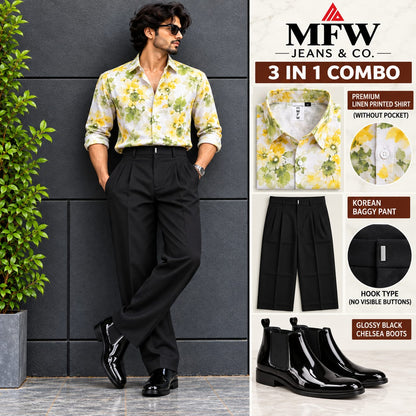 3 in 1 combo MFW Lenin printed shirts + korean baggy pants + boots buy @999 only